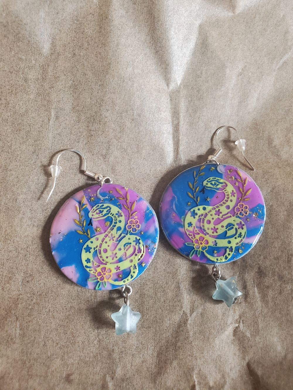 Pink & Blue Snake Drop Earrings with Star Charm